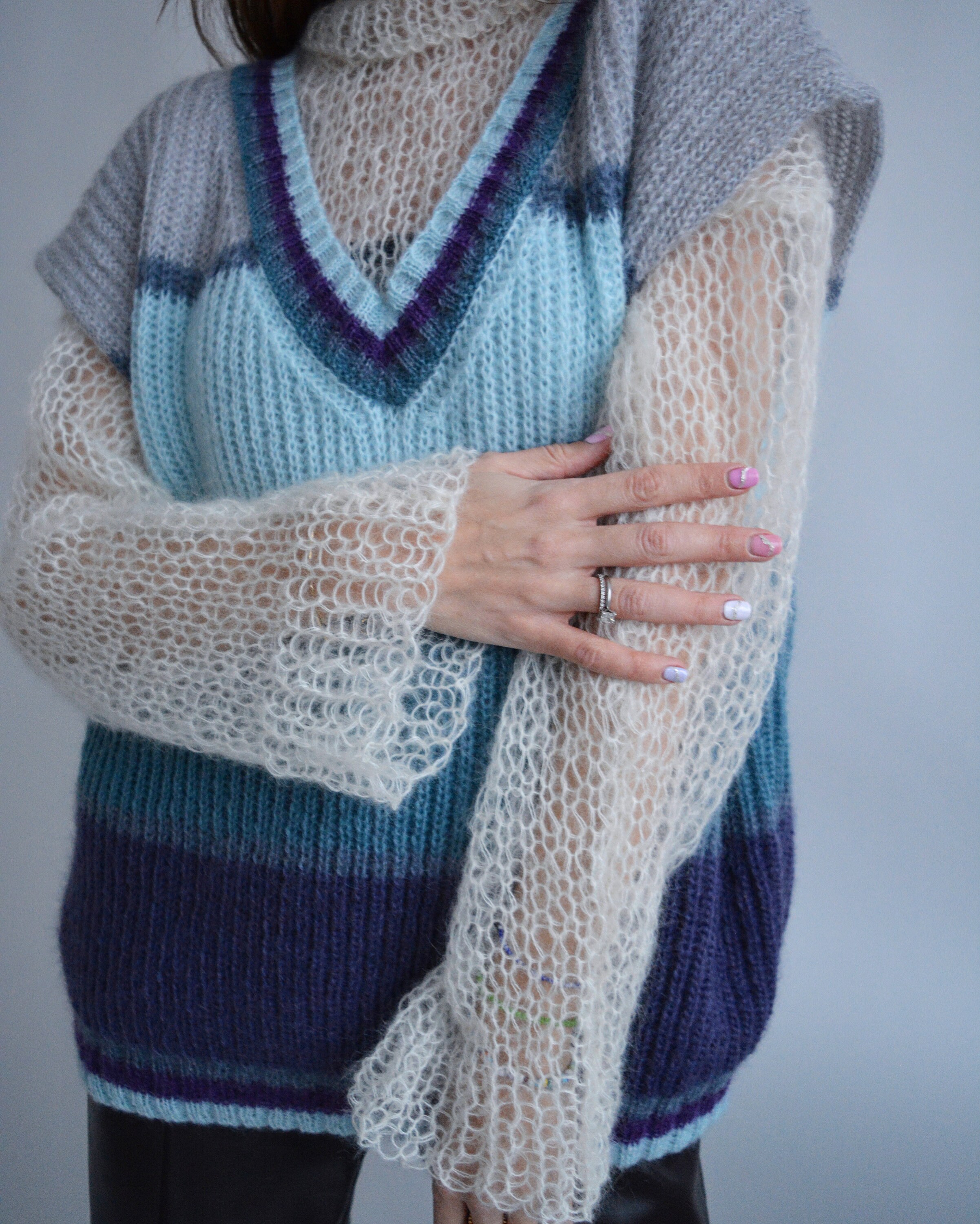 Blue Striped Mohair Vest Rainbow Sleeveless Sweater Chunky