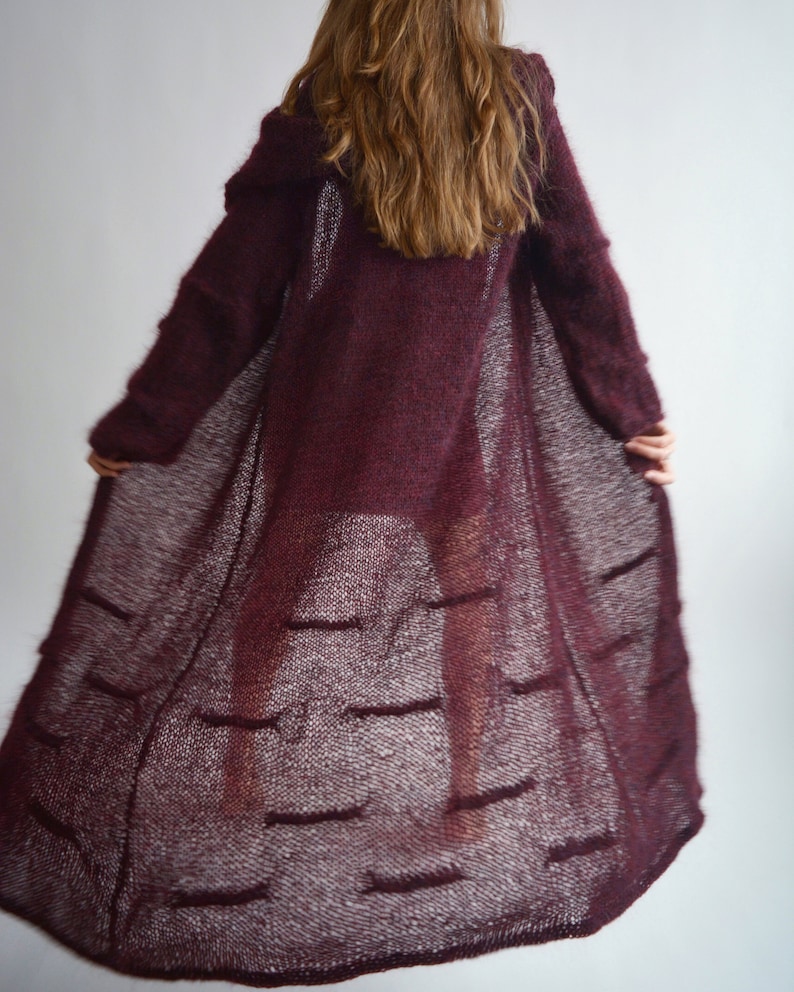 Burgundy hooded long cardigan, Mohair loose knit cardigan, Bordeaux maxi cardigan, Bohemian knitted coat, Oversize thick cardigan image 9