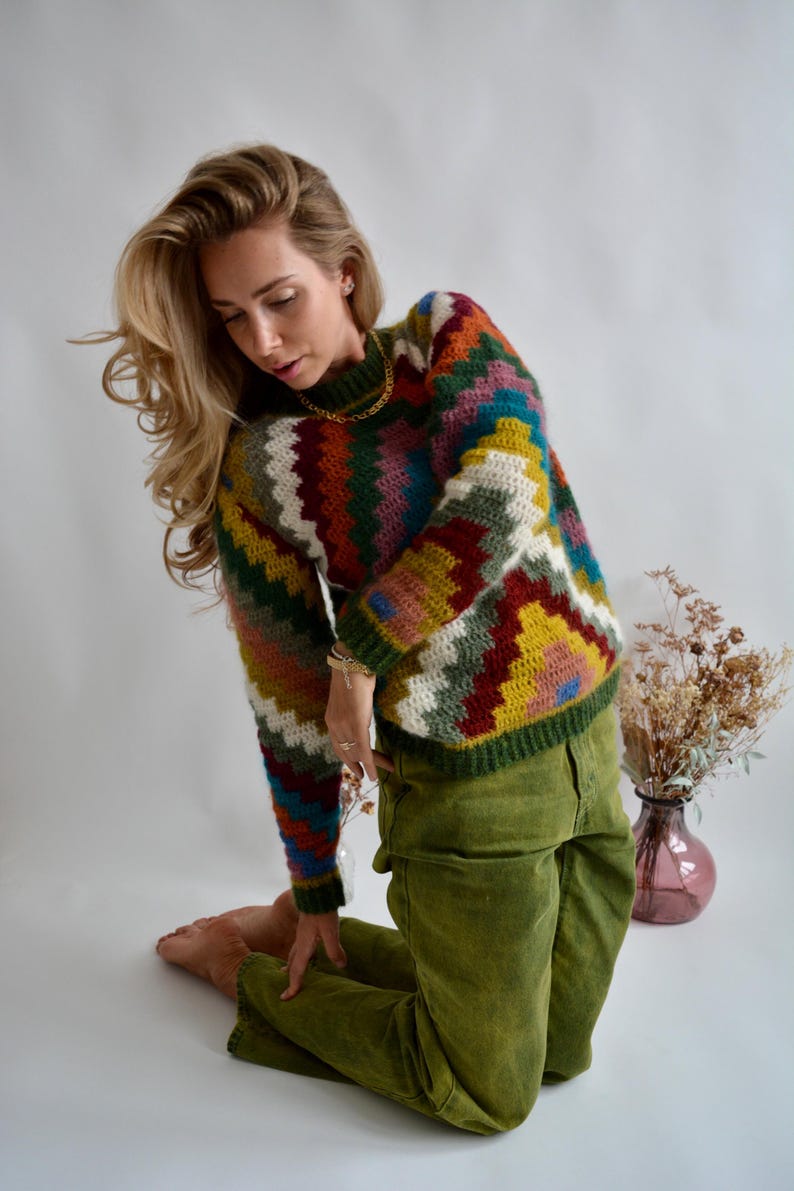 Multicolor Mohair Fall Sweater Colorblock Unique Handknit Sweater Women ...