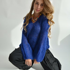 Blue Kid Mohair Sweater | Handmade Oversized Knit Pullover | Luxury Lightweight Sweater Bild 10