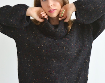 Jersey de cuello alto de lana de alpaca y tweed negro hecho a mano – Comodidad de punto extragrande