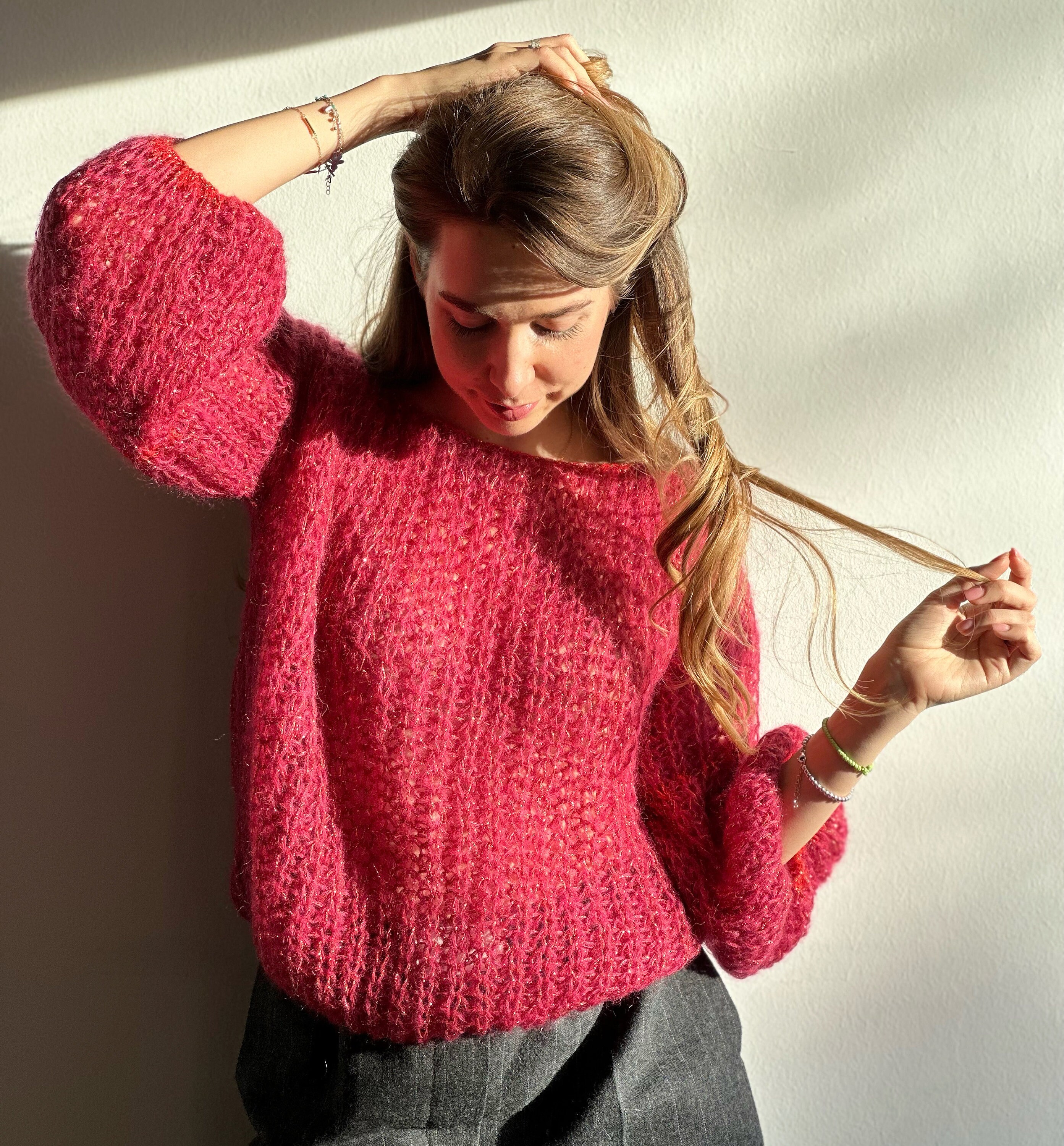 Marle Raspberry Coloured Sweater Raspberry Pink Mohair Sweater Lurex Cropped Sweater Embellished Short ...