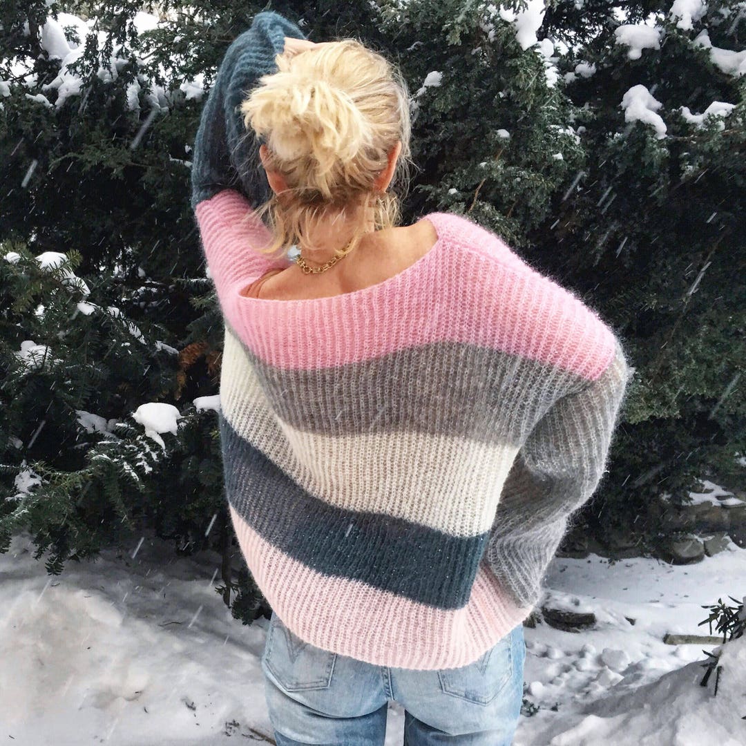 Pink Mohair Sweater Striped Loose Knit Sweater Colorful Wool - Etsy