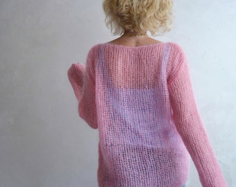 Pink Knit Mohair Sweater, Light Summer Sweater, Loose Knit Sweater