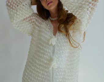 Ivory Mohair Bridal Cardigan with Tie – Exclusive Wedding Cape, Maxi Wool Bridesmaid Sweater