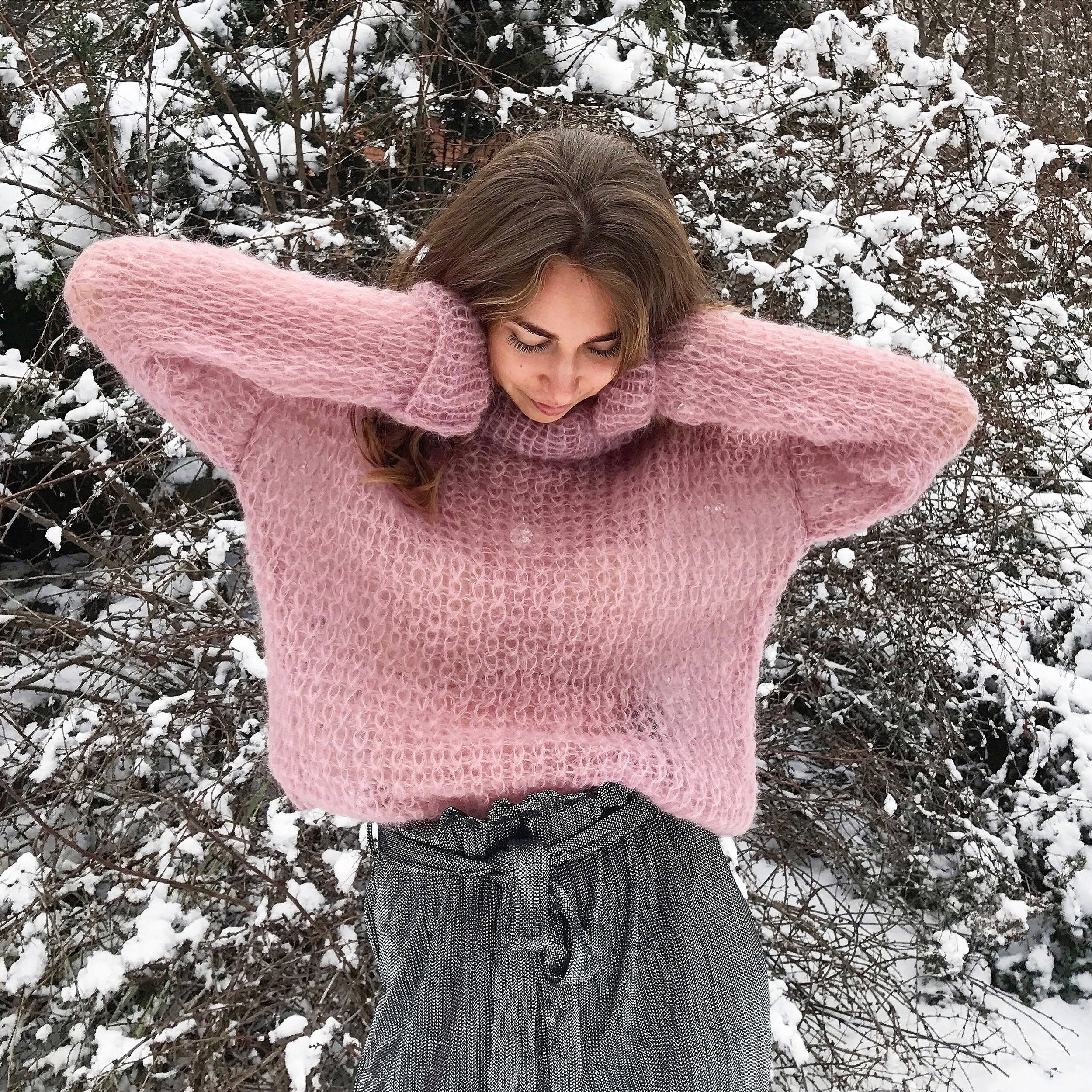 Pink Sweater, Mohair Sweater, Loose Knit Sweater, Turtleneck