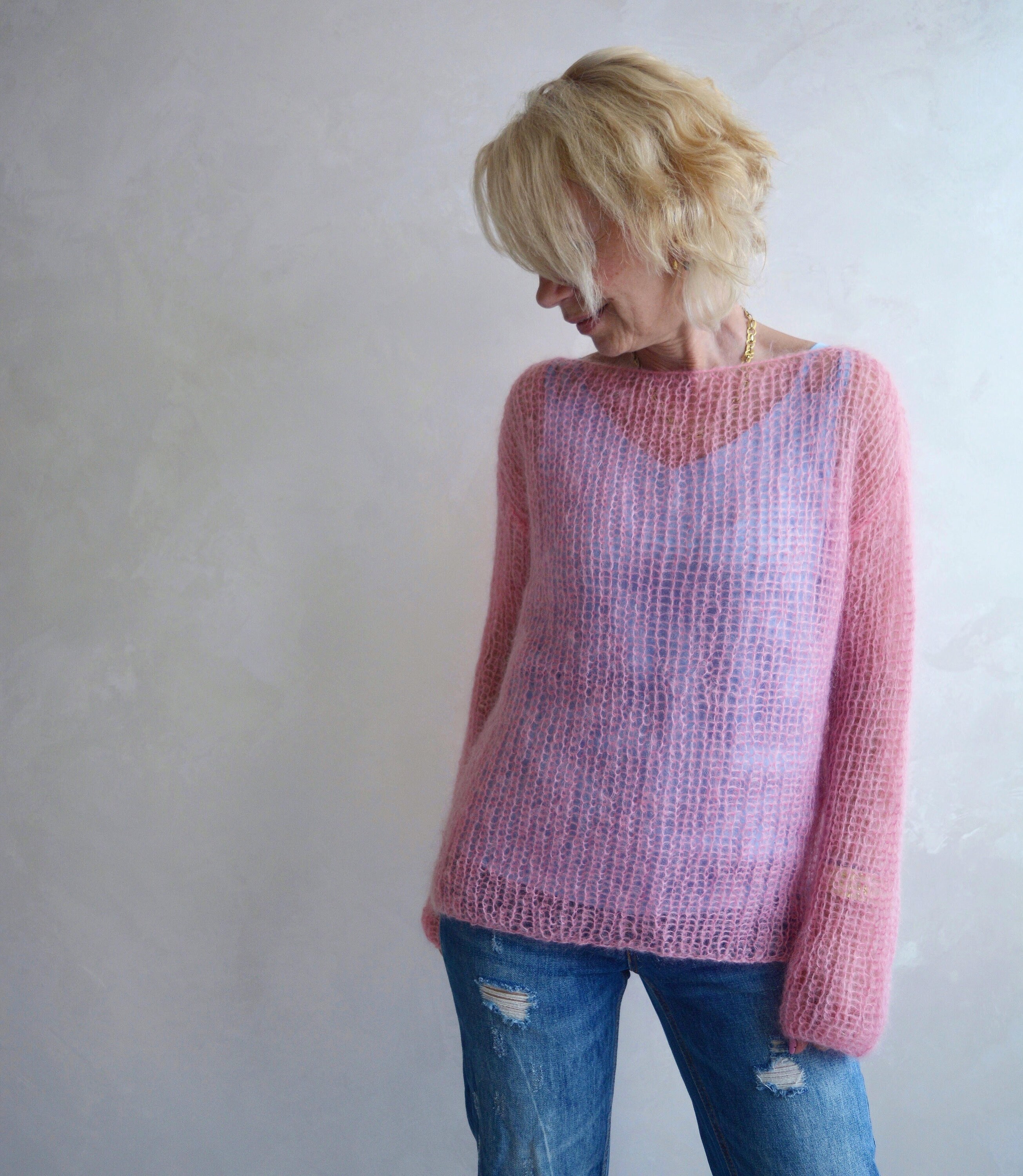 Pink Knit Mohair Sweater, Light Summer Sweater, Loose Knit