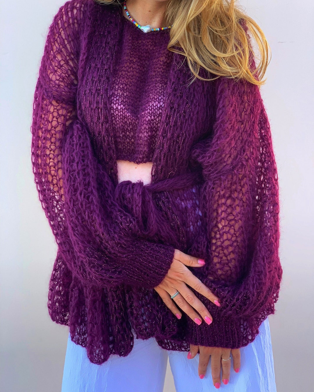 Purple Violet Mohair Cardigan Short Embroidered Cardigan Belted Sexy