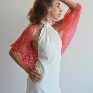 Koraal zijden mohair sjaal, bruiloft bolero schouderophalen, bruids gebreide omslagdoek, avond sjaal, bruidsmeisje lichte bolero, bruids cover-up, bruids wrap afbeelding 7