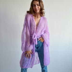 Purple lilac mohair cardigan Long kimono cardigan Loose handknit cardigan Belted oversized cardigan Maxi open front cardigan Light cardigan