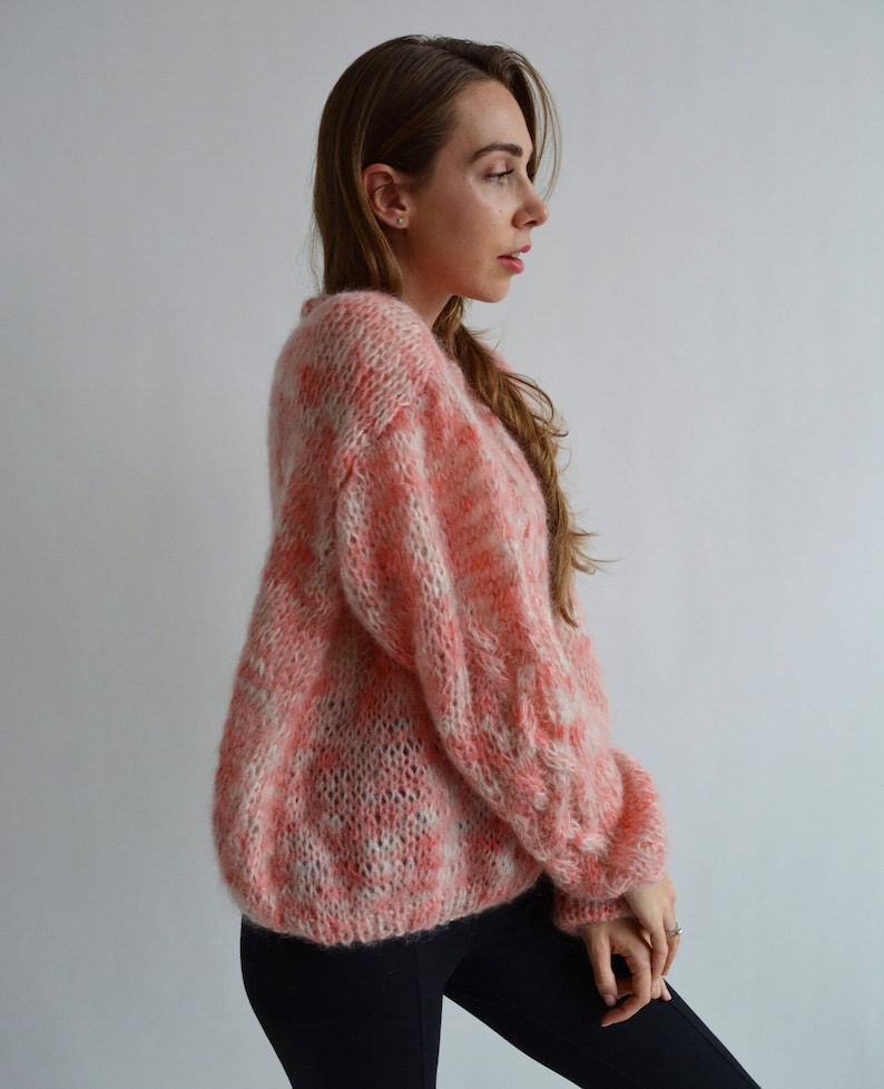 Coral melange mohair sweater Soft handknit sweater Fluffy chic sweater Warm rainbow sweater Loose multicolor sweater Sexy chunky sweater image 10