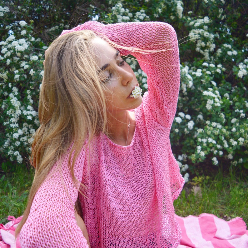 Pink Cropped Sweater Cotton Short Sweater Hand Knitted Summer Etsy