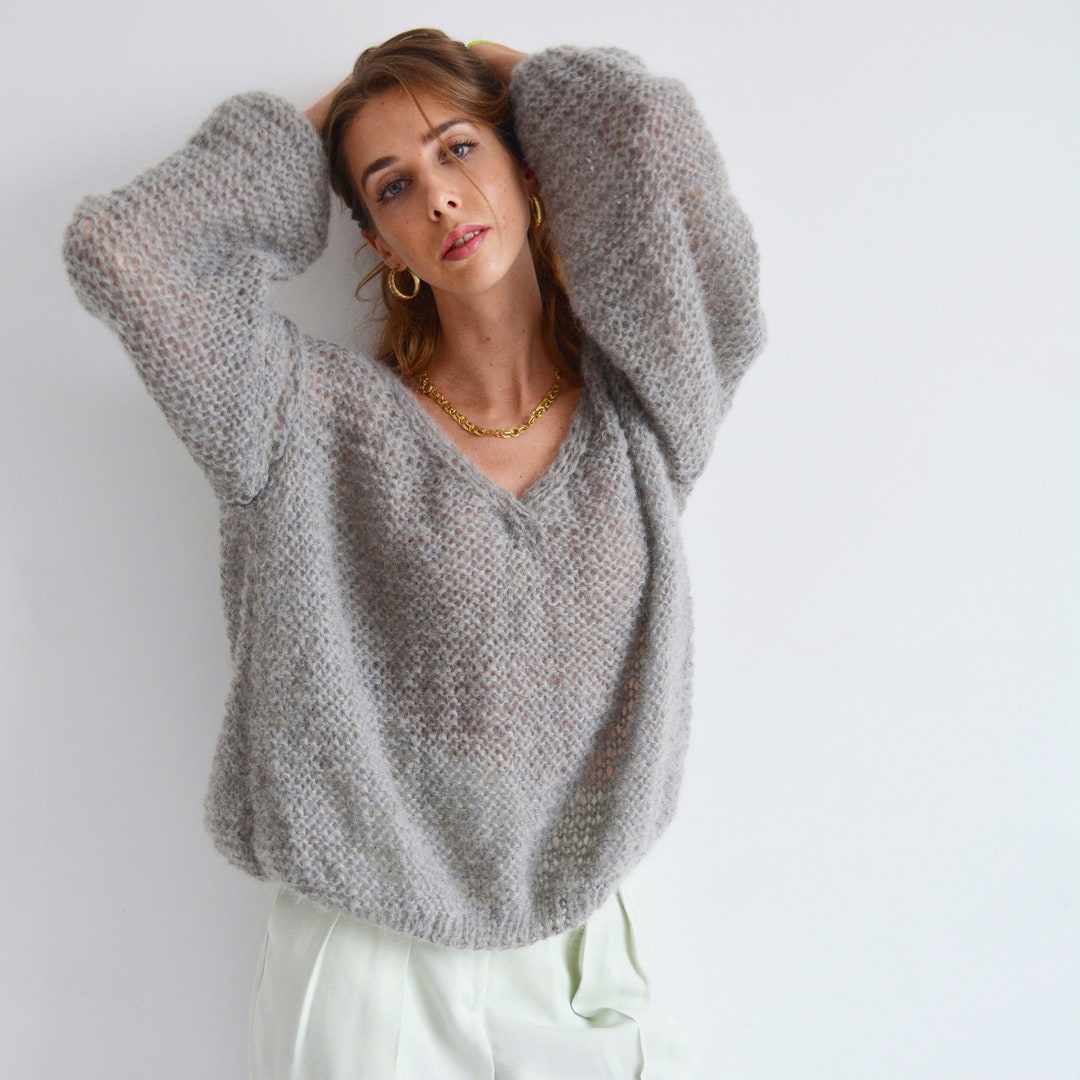 Gray Beige V Neck Alpaca Sweater Mohair Soft Oversized Sweater - Etsy