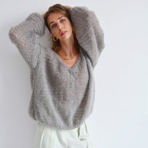 Gray beige v neck alpaca sweater Mohair soft oversized sweater Sexy loose hand knit sweater Bohemian elegant spring sweater