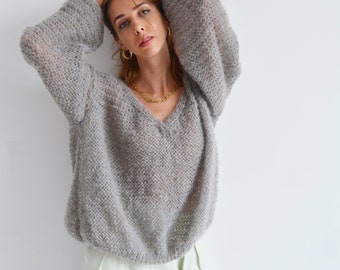 Gray beige v neck alpaca sweater Mohair soft oversized sweater Sexy loose hand knit sweater Bohemian elegant spring sweater