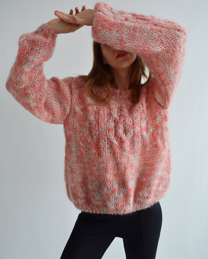 Coral melange mohair sweater Soft handknit sweater Fluffy chic sweater Warm rainbow sweater Loose multicolor sweater Sexy chunky sweater image 2