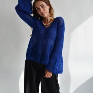 Blue Kid Mohair Sweater | Handmade Oversized Knit Pullover | Luxury Lightweight Sweater Bild 9
