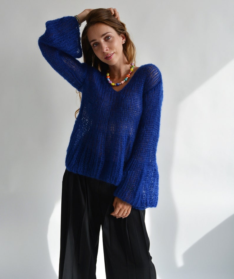 Blue Kid Mohair Sweater | Handmade Oversized Knit Pullover | Luxury Lightweight Sweater Bild 9