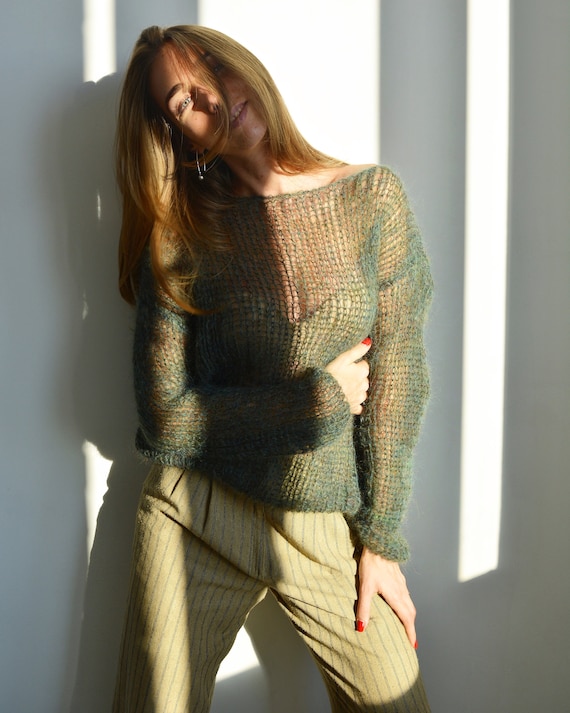 Khaki Green Mohair off Shoulder Sweater Sexy Dark Green Sweater