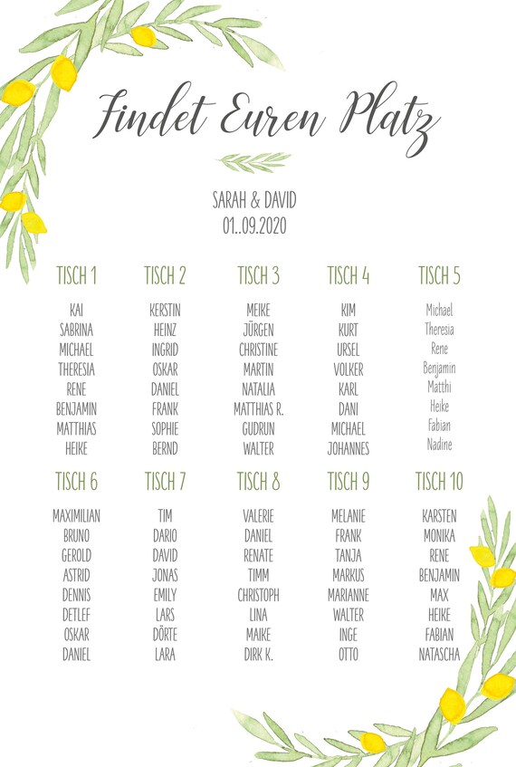 Tischplan Citron Platzanweiser Fur Die Hochzeit Etsy