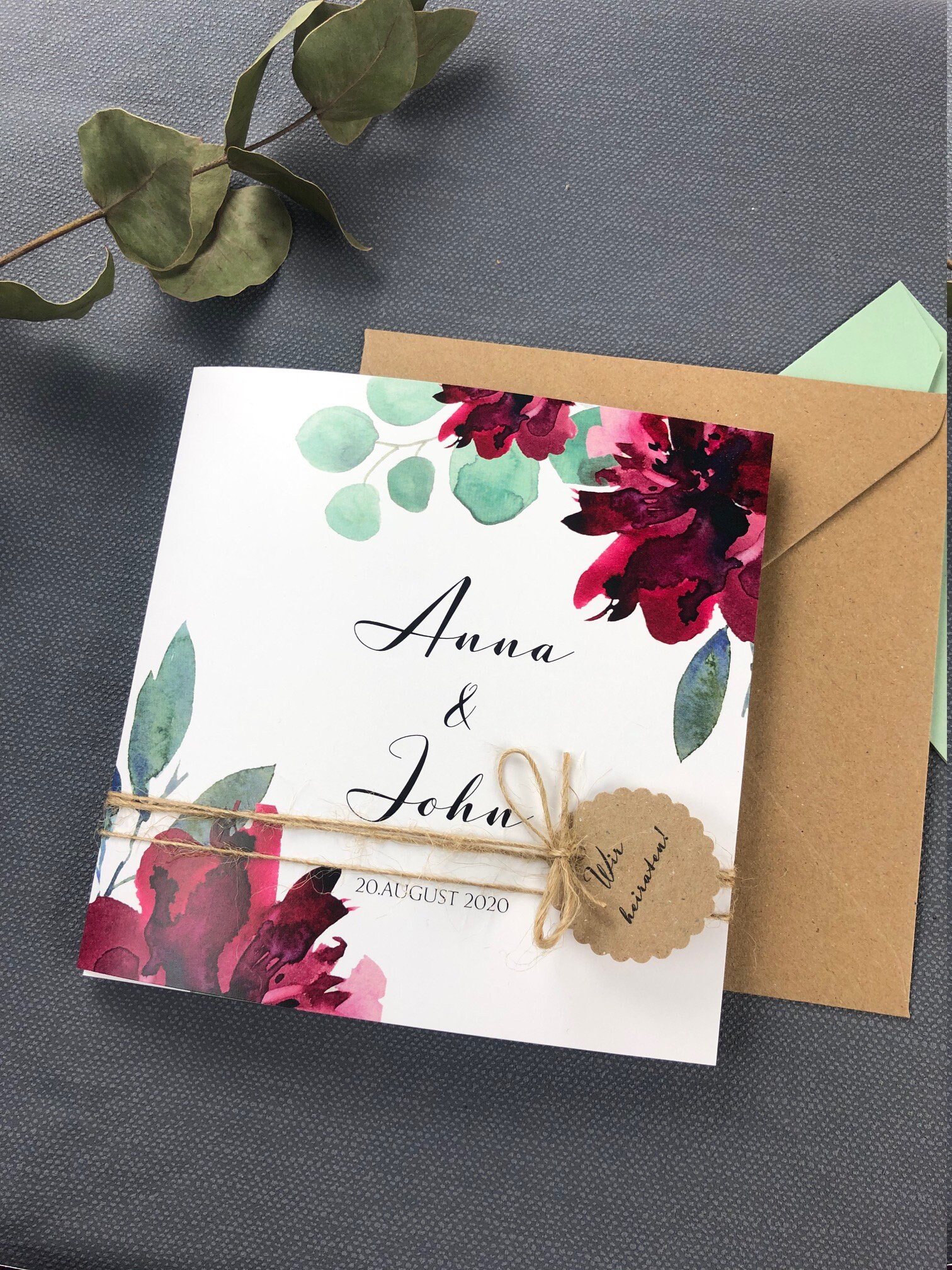 wedding invitation sage wine red square folding card