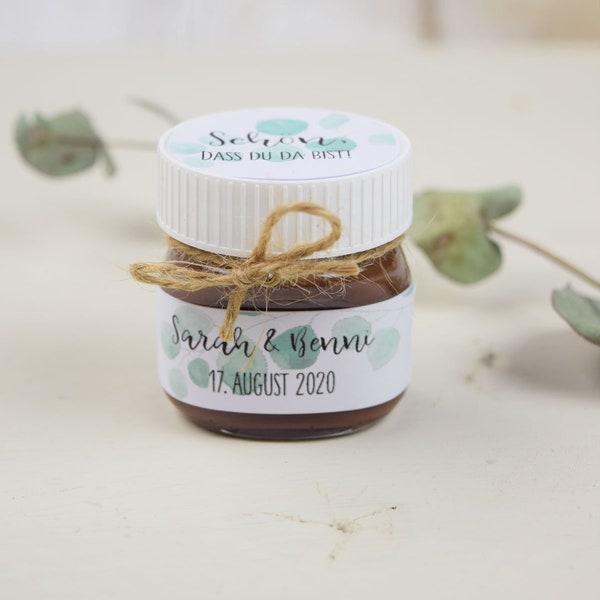 Papeterie Set Motiv "Eukalyptus" für Nutella Mini Glas,  personalisiert, Gastgeschenk zur Hochzeit,