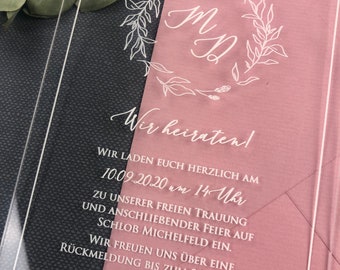 ACRYLGLAS Hochzeitseinladung "Romantik-Acryl", individuelle Einladungskarte zur Hochzeit, Hochzeitskarte inkl Kuvert, Acrylkarte , Weißdruck