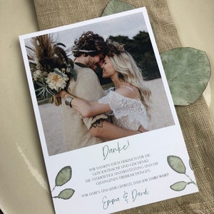 Dankeskarte Hochzeit "Greenery Love", Danksagung zur Hochzeit, individueller Druck, Polaroid Look