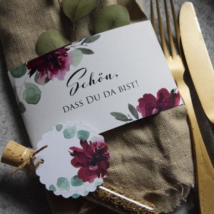 Papeterie Set , "Salbei & Weinrot", Hochzeit/Geburtstag/Taufe, Anhänger und Serviettenbanderole im Set