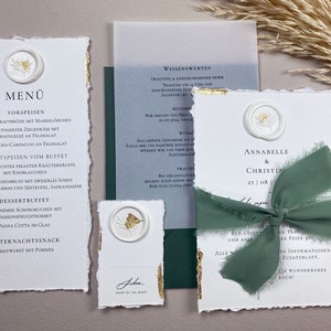 Hochzeits-Papeterie-Set/grünes Schleifenband/ Einladungskarte inkl. Kuvert / Menü und Platzkarte