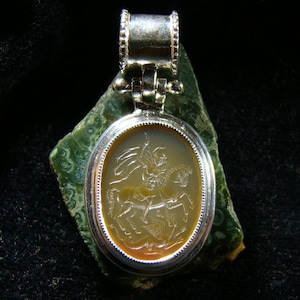 Chalcedony Intaglio Pendant Handmade with St. George. Unique