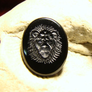 Intaglio Black Onyx Handmade Engraving. Lion.  Unique.