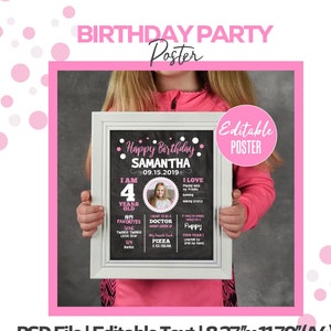 Striscione modificabile a pois rosa per il compleanno di 4 anni / Festa per bambina di 4 anni / Poster lavagna per traguardo / Cartello lavagna per il primo compleanno / PSD