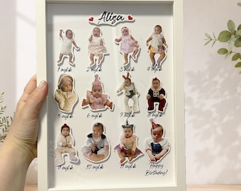 赤ちゃんの1歳の記念フレーム、パーソナライズされた12ヶ月フォトコラージュ、マイルストーン記念ギフト