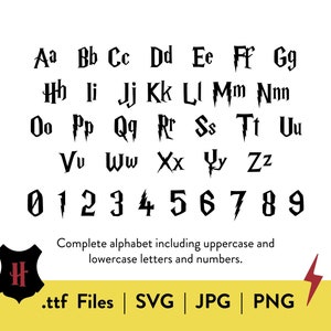 May include: Black and white font alphabet with uppercase and lowercase letters and numbers. The font is stylized with a lightning bolt design. The text "Complete alphabet including uppercase and lowercase letters and numbers." is below the font. The text ".ttf Files | SVG | JPG | PNG" is below the alphabet.