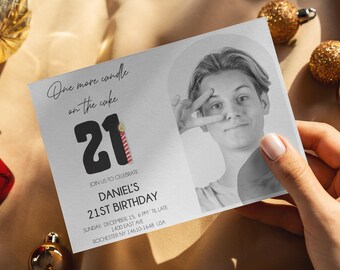 Plantilla de invitación para el 21.º cumpleaños con foto editable (JPG)
