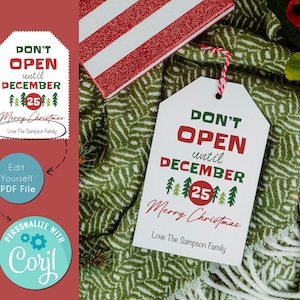 Niet open tot 25 december | Cadeaukaartje niet openen | Afdrukbare kersttag | Bewerkbare grappige tags | Download afdrukbare sjabloon Corjl 35FIC9