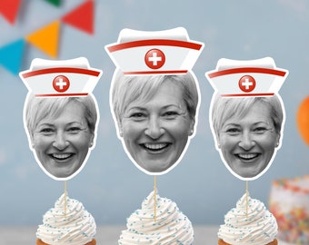 Anpassade muffinsdekorationer med foto från sjuksköterska | Dekorationer för pensionering, födelsedagsfest (utskrivbara)