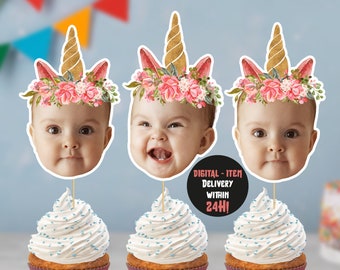 Unicorn Birthday Decor | Photo Cupcake Topper | My first Unicorn birthday | Unicorn party decorations |1st Unicorn birthday girl