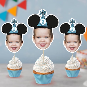 Mouse Hat Inspired Photo Cupcake Toppers – Custom Face Topper for 1st Birthday – Printable Party Decor – Instant Download