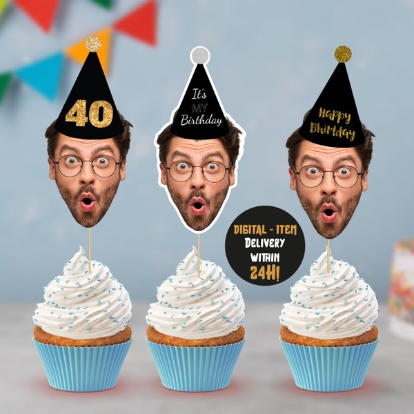 Custom Photo Cupcake Toppers Printable | Birthday Cupcake Toppers (ANY AGE) | 30th Birthday Decor | 40th Birthday Cupcake | DIY