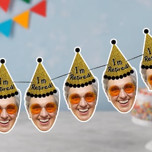 Retirement Banner with Face and Party Hat backdrop, Officially Retired, Congratulations, Garland, Bunting, Drink Stirrers, Digital File