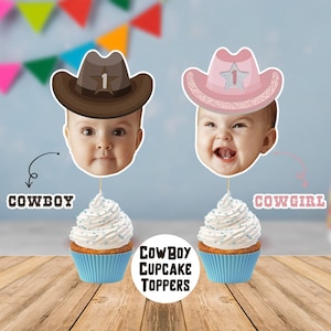 Cowboy Cupcake Toppers with Custom Face Photo | Cowboy Hat | Birthday Decorations | Rodeo Birthday Decorations | Digital File
