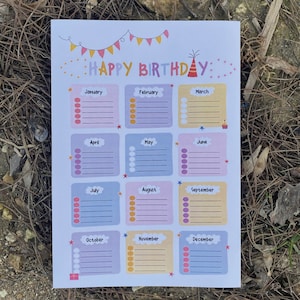Planificador de cumpleaños imprimible / Calendario de cumpleaños de pared / Calendario de feliz cumpleaños para niños / Seguimiento de cumpleaños de la clase / Lista de cumpleaños