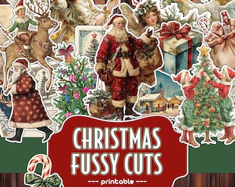 Vintage Christmas Fussy Cut Stickers – Utskrivbart skräpjournalkit, direktnedladdning