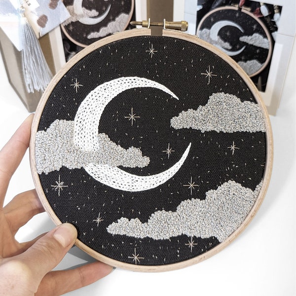 Moon and Stars Embroidery Kit for Beginners - Modern Night Sky Design - DIY Craft Kit Gift