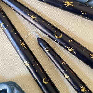 Hand Painted Taper Candle - Dark Blue with Gold Moon and Stars Design - Romantic Wedding Candlesticks