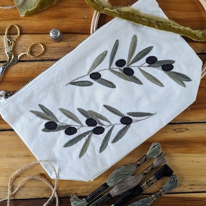 Olive Branch Embroidery Kit for Beginners - Stitch Your Own Makeup Bag - DIY Craft Kit Gift