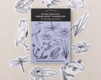 Printable PDF Embroidery Stick and Stitch Pattern - Meadow Pond Designs with frogs, koi fish, waterlilies, cattails, toad | Digital File