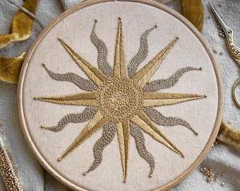 Golden Solstice PDF Embroidery Pattern – Sun Hand Embroidery Design – Modern Beginner-Friendly Printable Stitch Guide